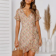 Vestidos femininos verão 2024 sexy decote em v floral impressão bohemia praia vestido plissado manga curta a linha mini vestido de verão robe