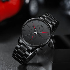 Relógio masculino marca superior relógio de luxo à prova dwaterproof água aço inoxidável cronógrafo quartzo relógio pulso relogio masculino preto