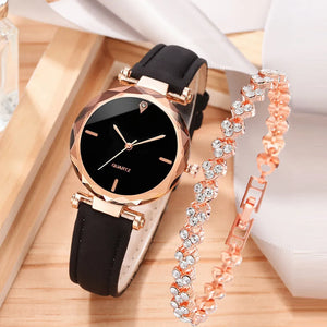 Relógio e pulseira couro 2 pçs de luxo moda feminina  conjunto  do plutônio quartzo relógio pulso strass rosegold liga pulseira para presente