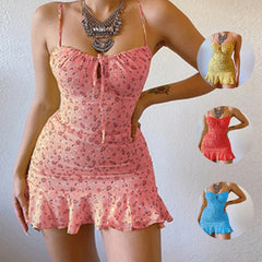 Vestido curto 2024 verão moda  feminino mini floral impressão sem mangas vestido cinta bodycon vestidos pendurado cinto sexy vestido impresso