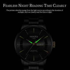 NIBOSI Fashion Cool Black Quartz Watch for Men Luxury Stainless Steel Waterproof Luminous Date Week Mens Watch Relogio Masculino